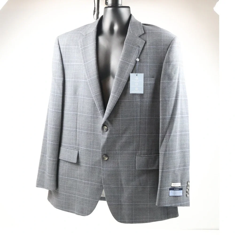 Jos A Bank Blazer Traveler Coolmotion Grey Glen Plaid 46R Wool Blend NWT 498